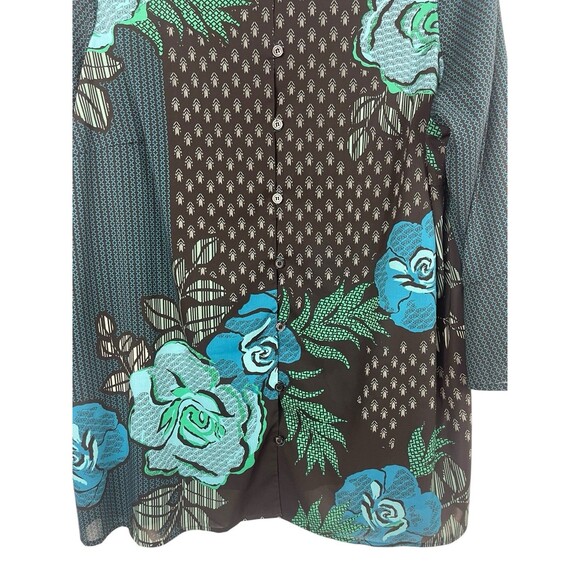 Bob Mackie Wearable Art 2X Teal Blue Floral Abstract Print Sheer Button Up Top - Picture 4 of 13